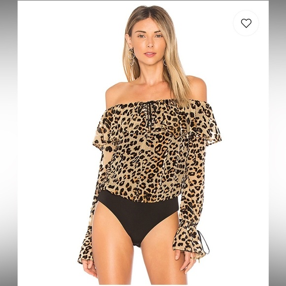 House of Harlow x Revolve Satin Leopard Print Off the Shoulder Bodysuit XS - Picture 1 of 12